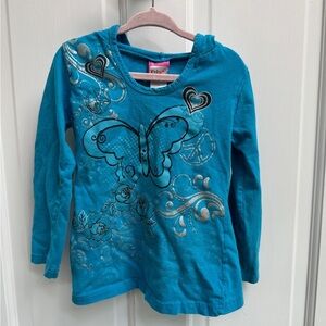 Kidgets 4T Girls Blue Long Sleeve Top Light Hoodie with Butterfly Heart Design